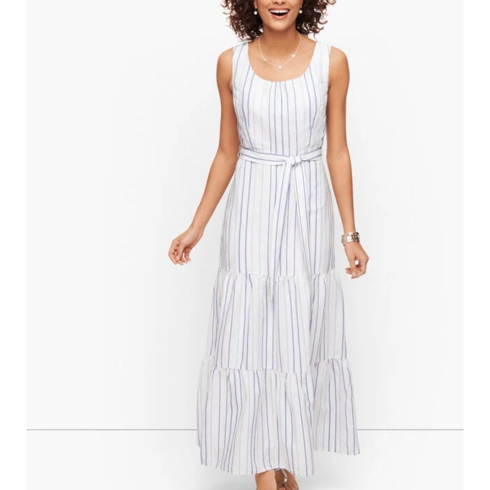 Talbots Women's Striped Linen Cotton Blend Maxi Dress Sleeveless Sz 2 Blue